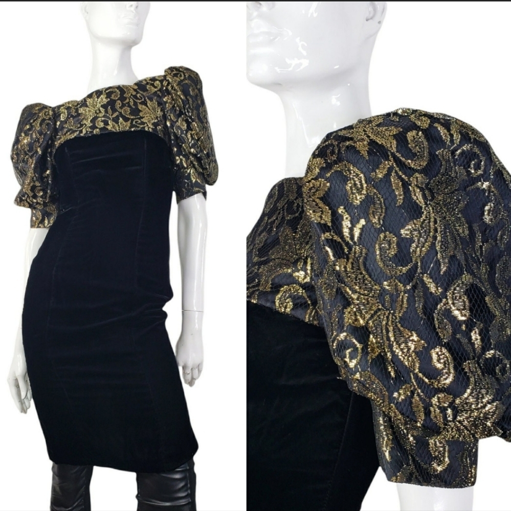 Gunne Sax By Jessica McClintock Vintage 80s Puff Sleeve Black Velvet Dress